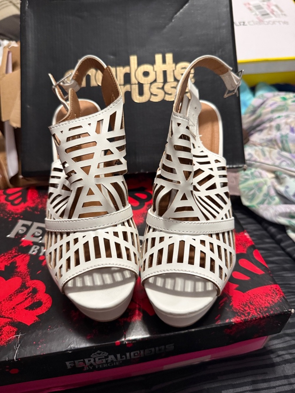 Charlotte Russe White Laser-Cut Peep Toe Slingback Heels